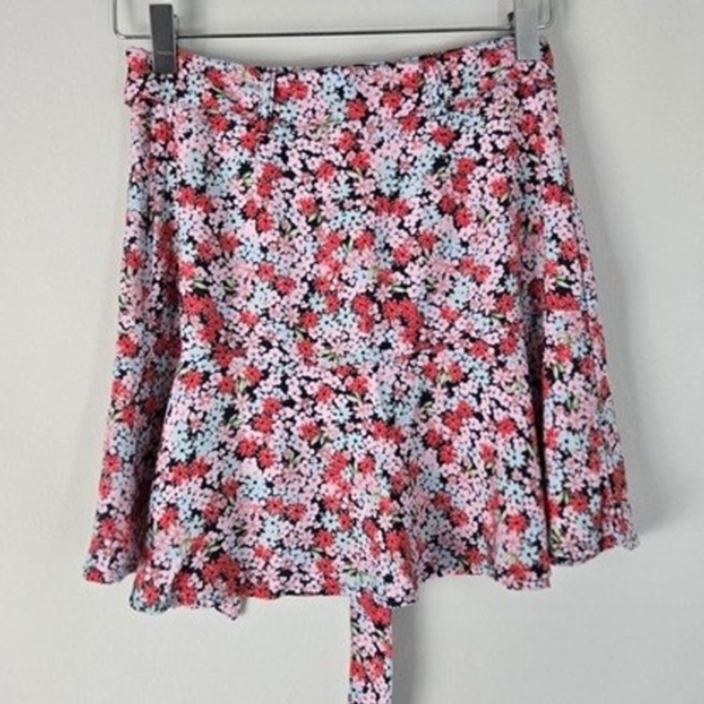 SO Goods For Life Floral Mini Skirt XS Navy Red Pink Ditsy Print Rayon Tie Waist - Picture 2 of 10